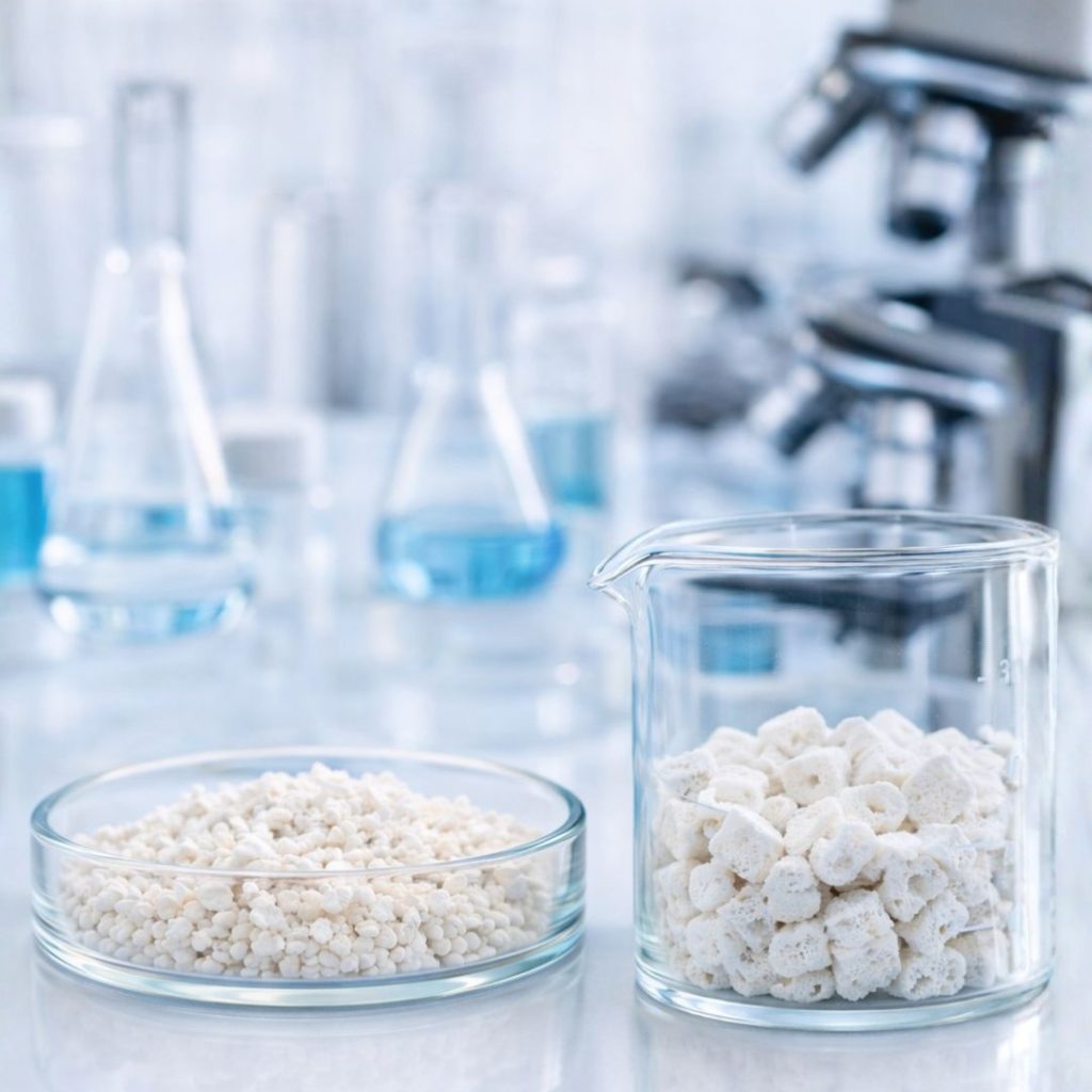 Biomateriais com diferentes composições e estruturas utilizados em regeneração óssea, ilustrando variações na resposta biológica e previsibilidade clínica